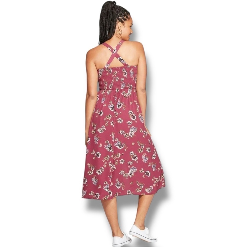 Xhilaration Chic Floral Burgundy Front Buttons Rouched Back Midi Dress - Picture 3 of 16